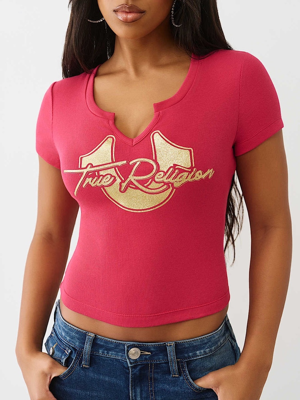 True Religion Red Short-Sleeve Logo Notch-Neck Tee - Picture 12 of 13